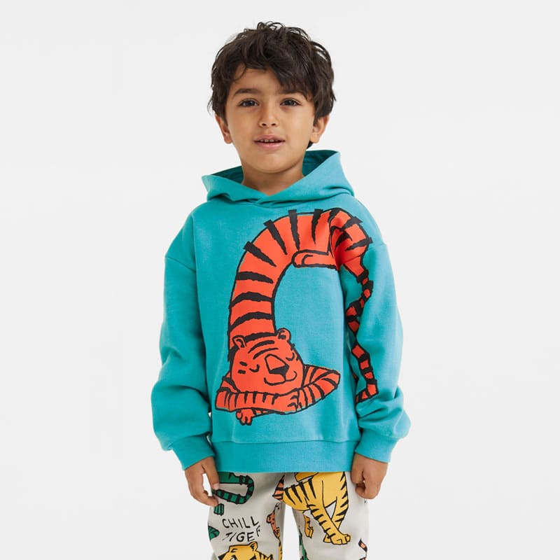Kid Boys Tiger Print Warm Fleece Long Sleeve Hooded Sweatshirt