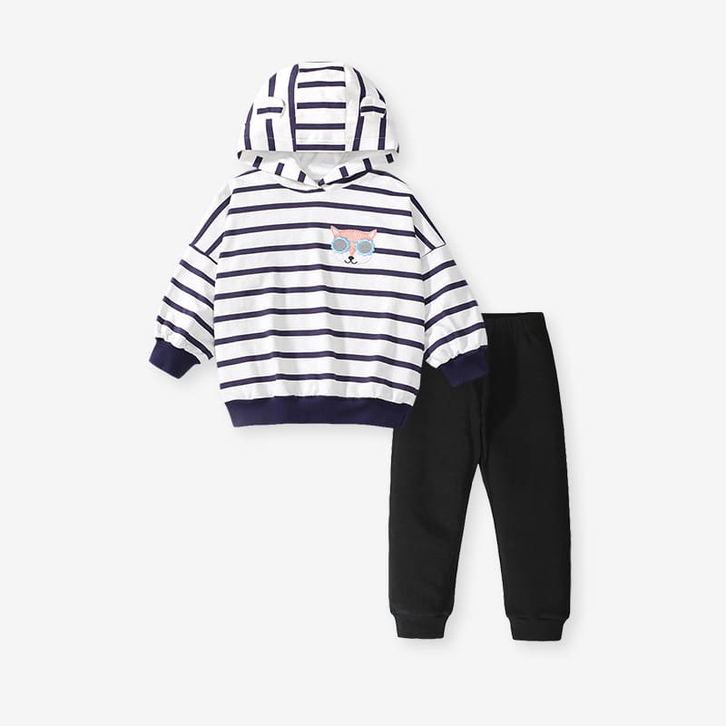 Chic 2-Piece Girls Cotton Striped Sweatshirt & Black Pants Set