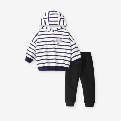 Chic 2-Piece Girls Cotton Striped Sweatshirt & Black Pants Set