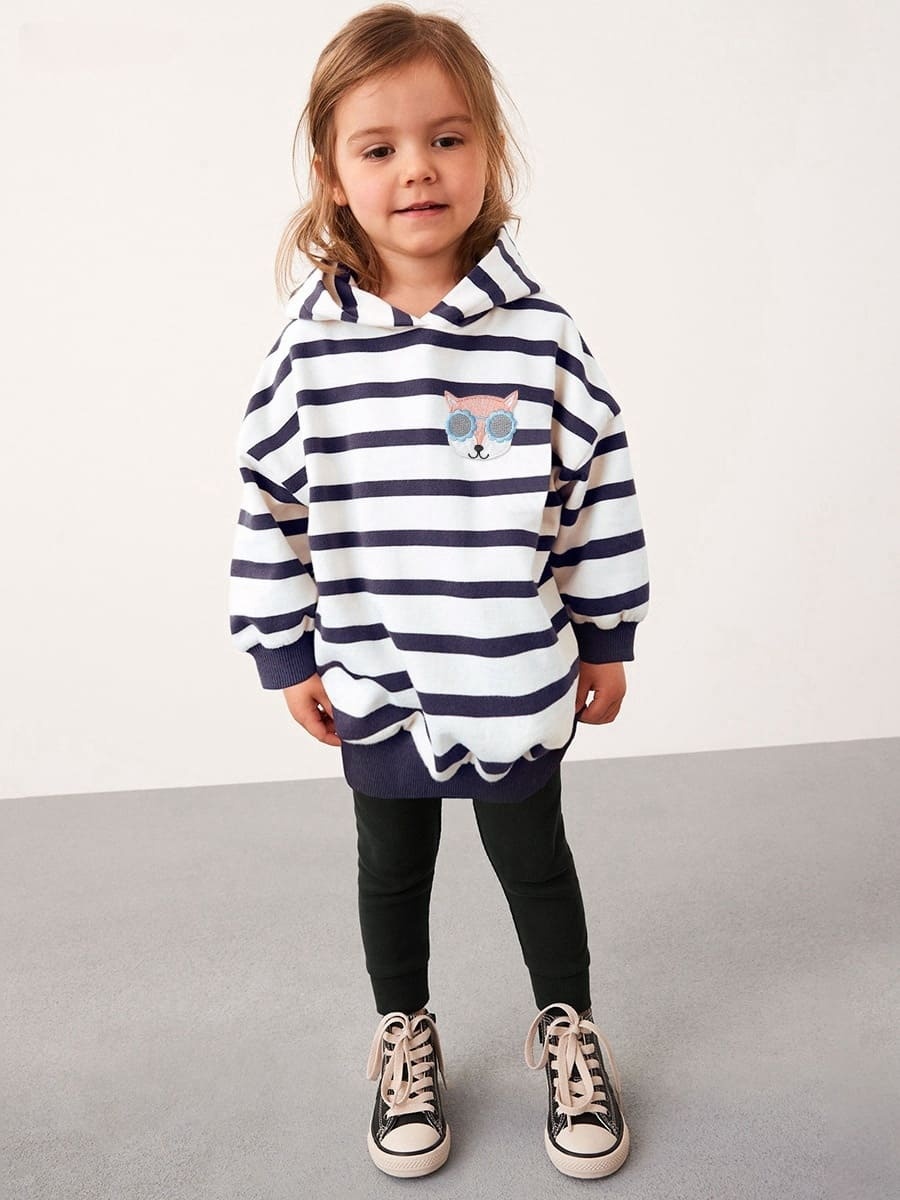 Little Maven Chic 2-Piece Girls Cotton Striped Sweatshirt & Black Pants Set
