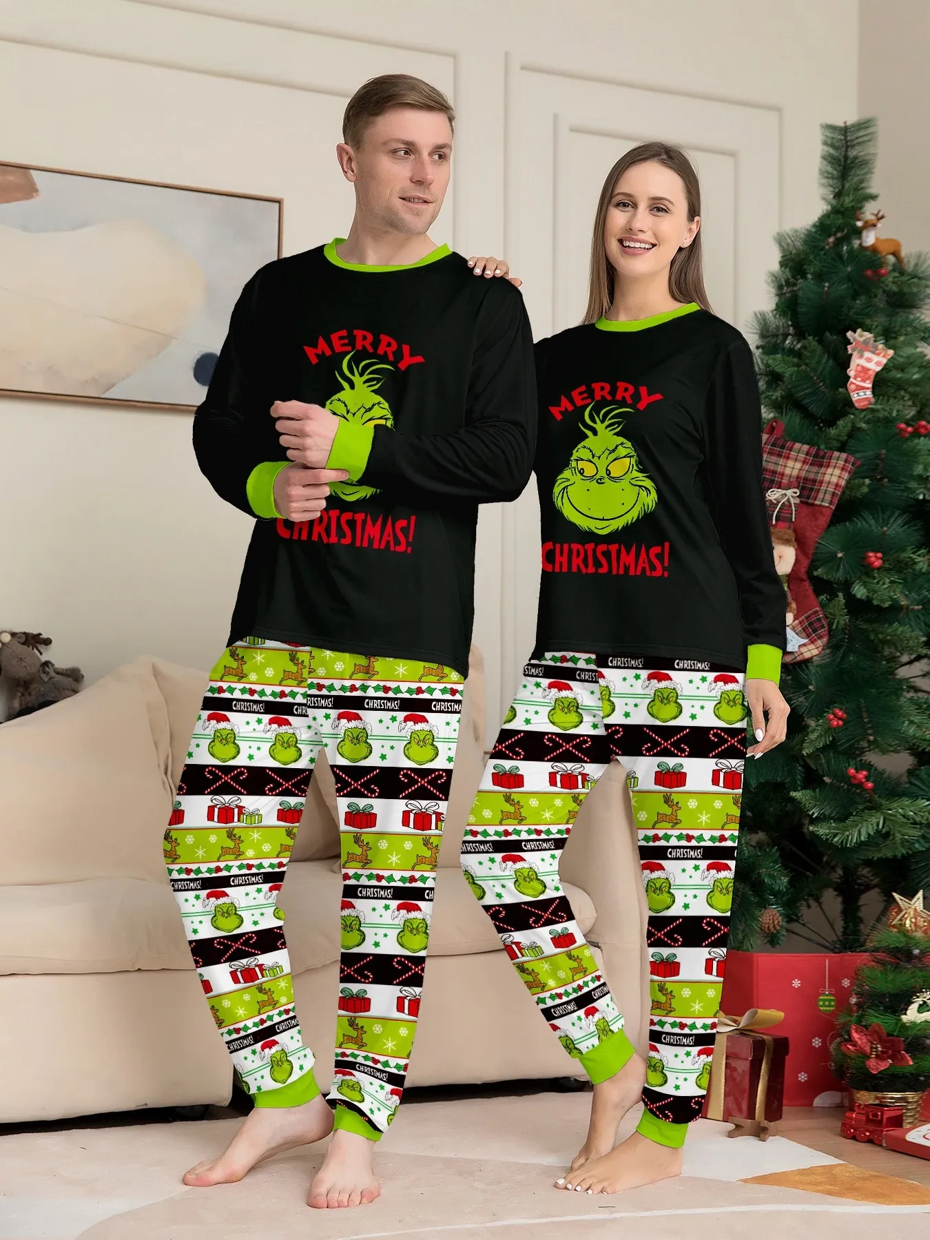 Christmas Family Matching Santa Monsters Alphabet Print Pajama Set