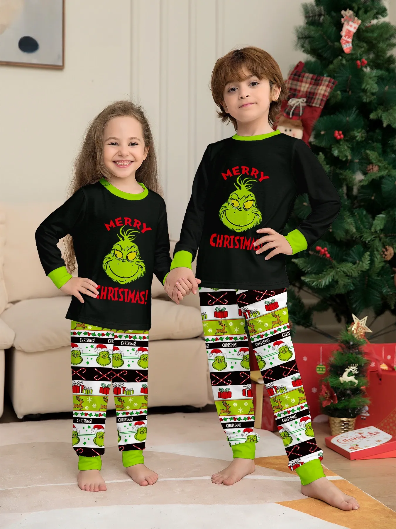 Christmas Family Matching Santa Monsters Alphabet Print Pajama Set