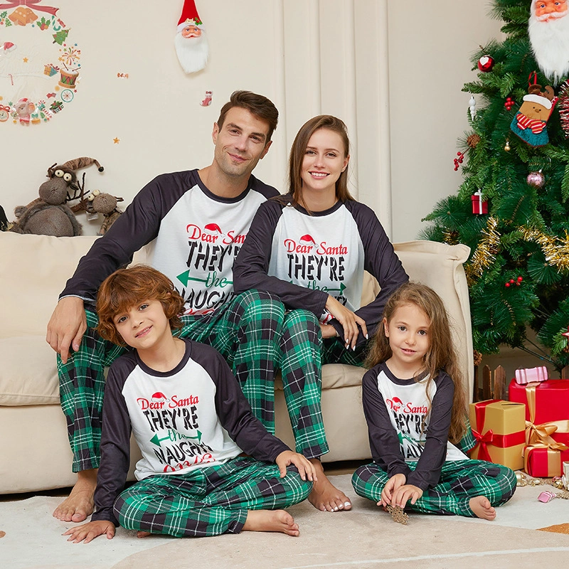 Little Maven Family Christmas outfit with green plaid alphabet print