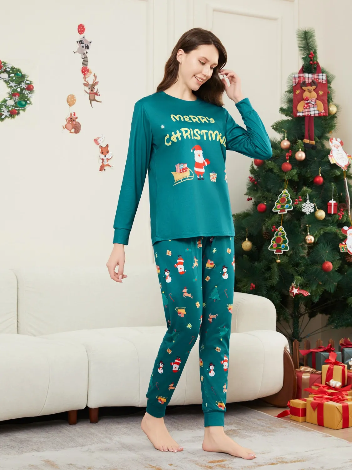 Christmas Family Pajamas Snowman Gift Deer Letter Print Pajama Set