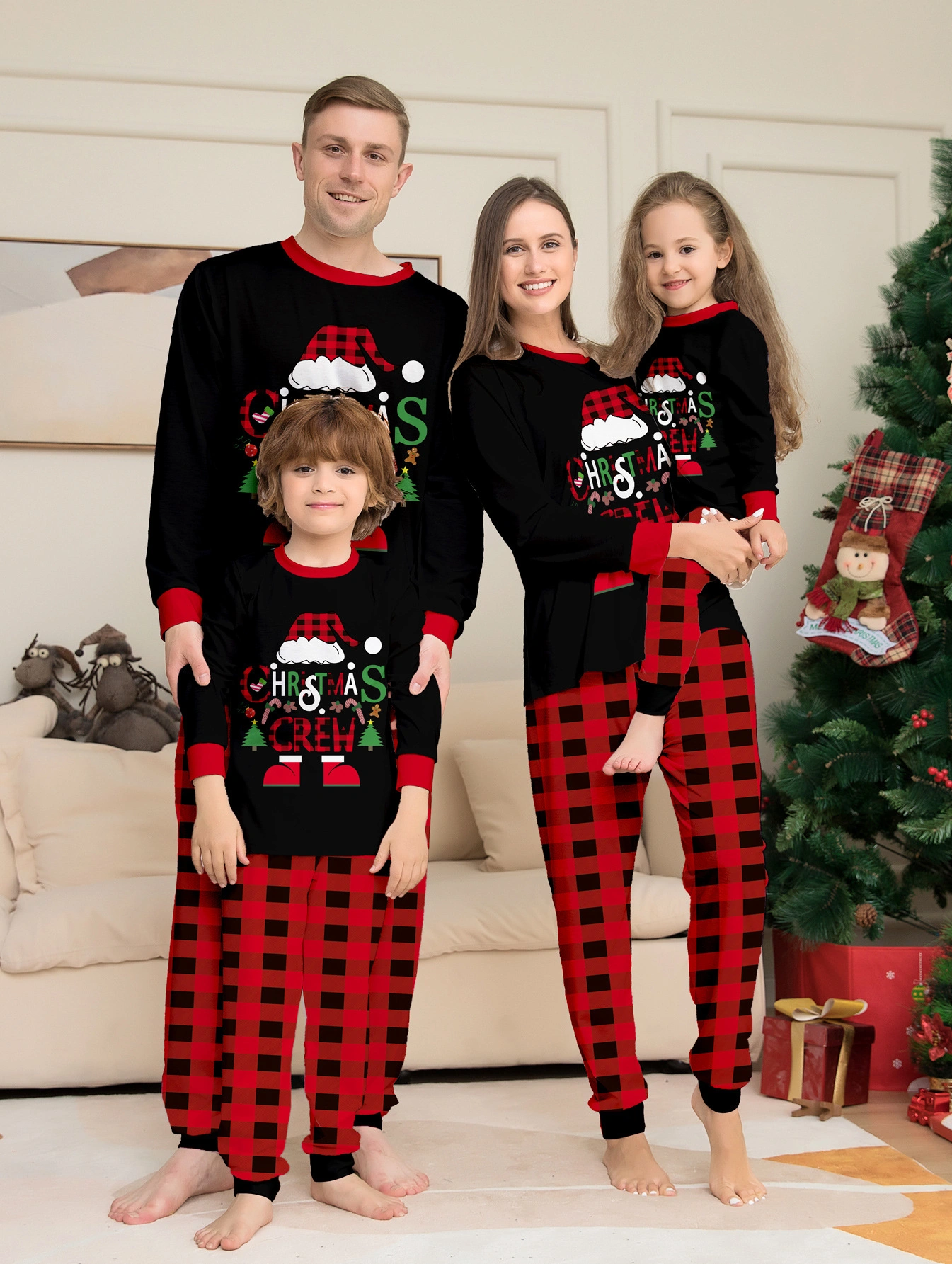 Little Maven Christmas family PJs with red and black checkered letter print