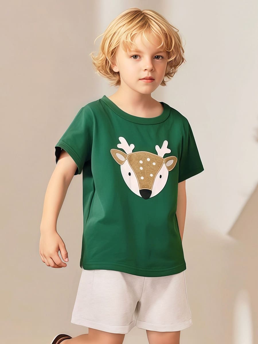 Little Maven Kid Boys Cotton Short Sleeve T-Shirt with Cute Elk Applique