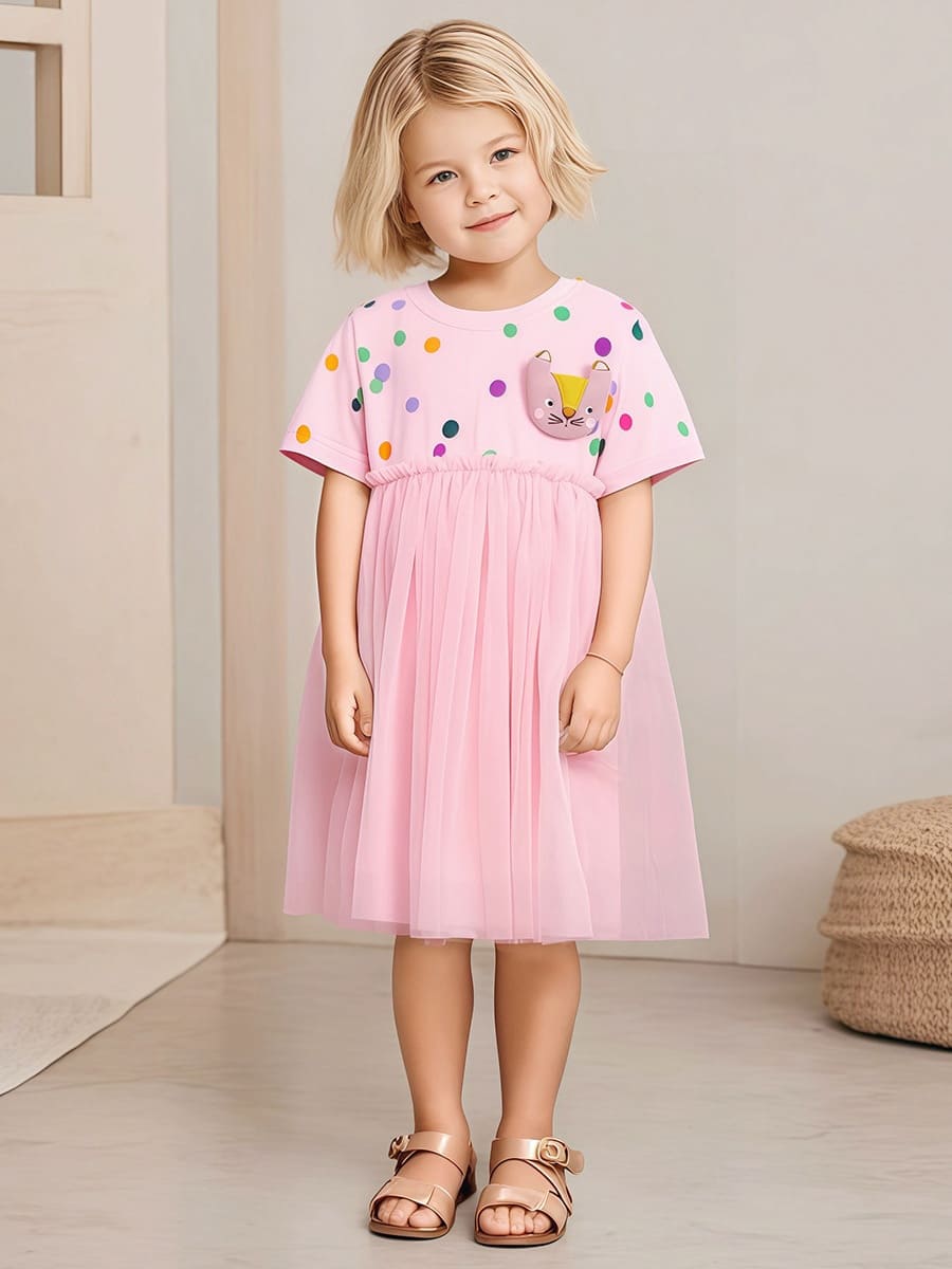 Girl wearing Cotton Polka Dot Mesh Dress with Cat Head Decoration