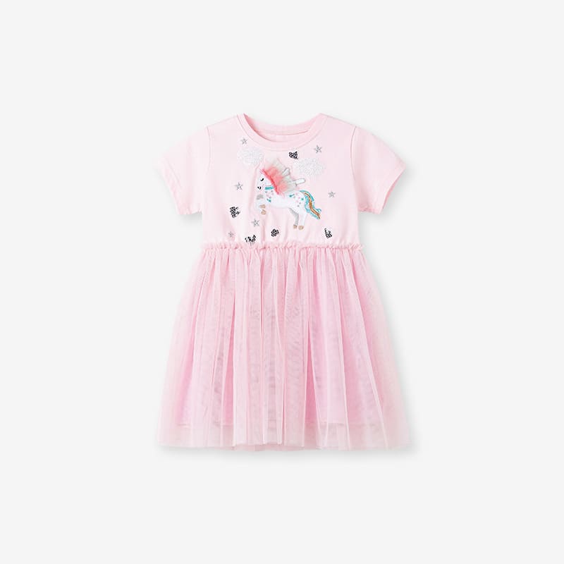 Enchanting Unicorn Applique Kid Girls’ Cotton Mesh Princess Dress