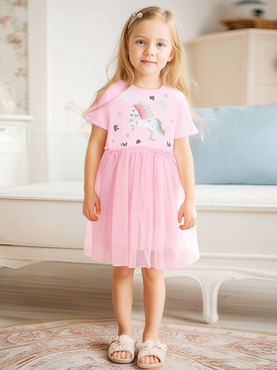 Little Maven Kid Girls Cotton Mesh Princess Dress with Unicorn Applique