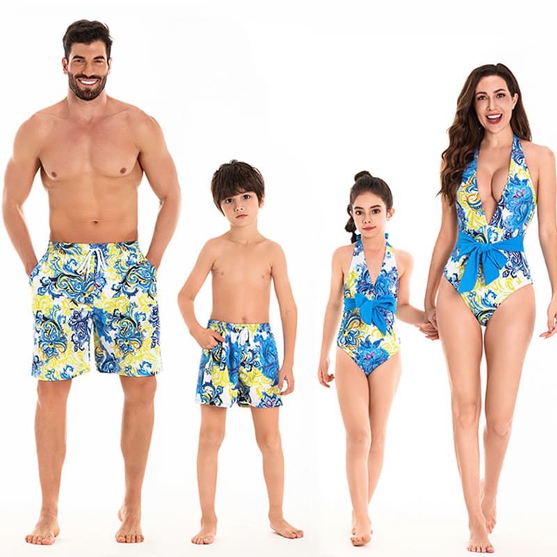 Family Matching Print Self Tie One-piece Swimsuit and Swim Trunks