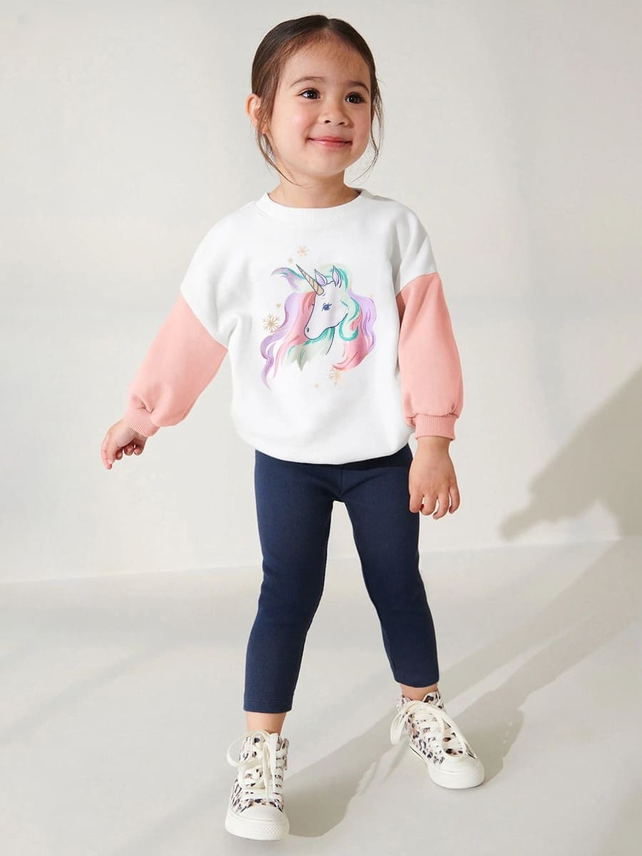 Girls 2pcs Unicorn Print Cotton Color Block Sweatshirt and Pants Set