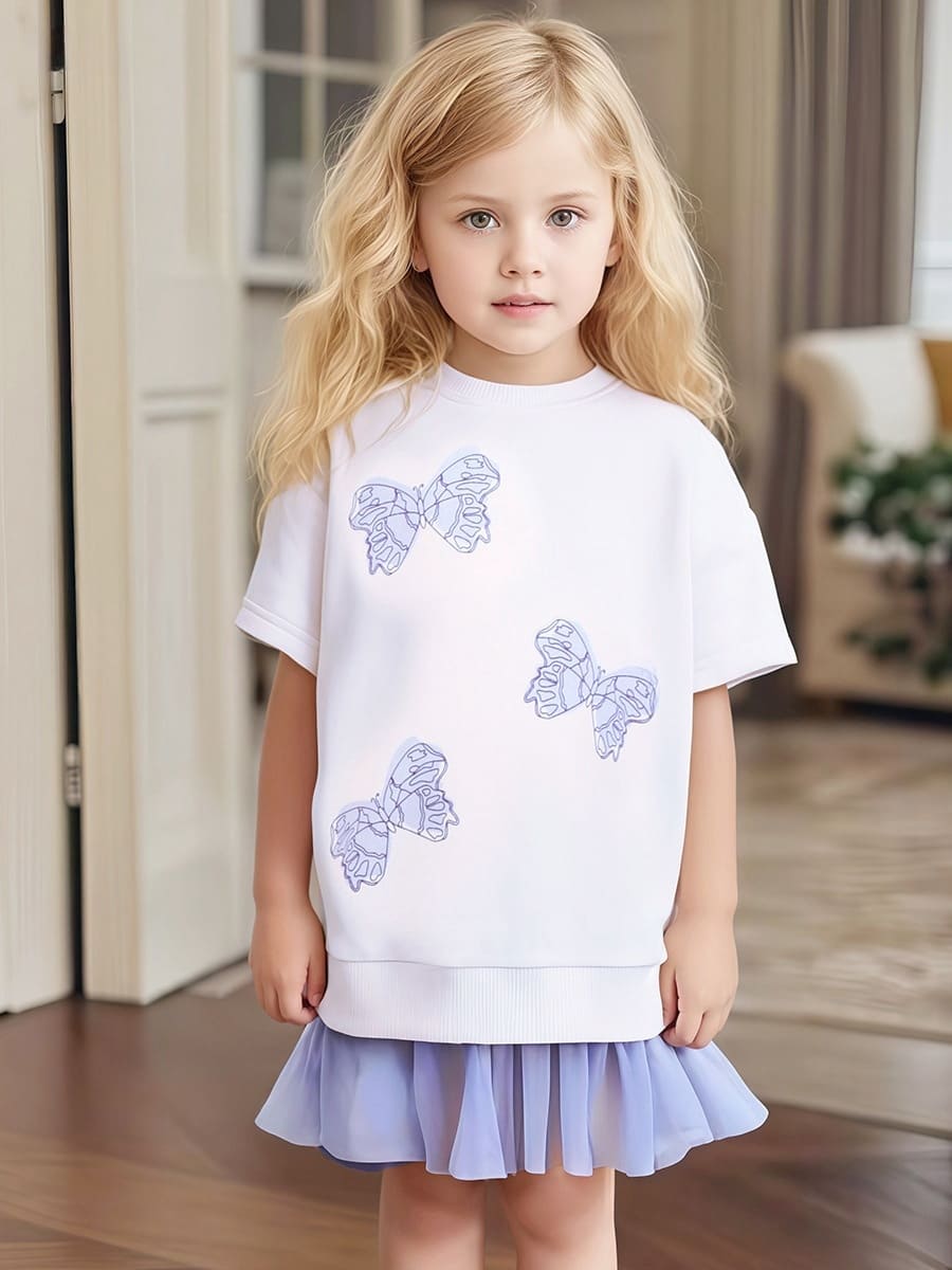 Little Maven Kid Girls Butterfly Print Cotton Short Sleeve Sweater Dress