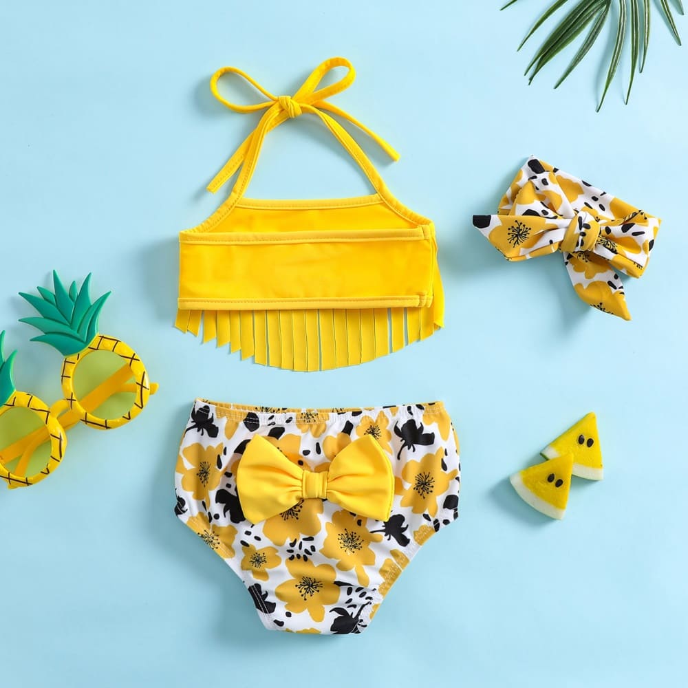 Kid Girls 3-Piece Butterfly Print Swimsuit Set with Tassel Suspenders