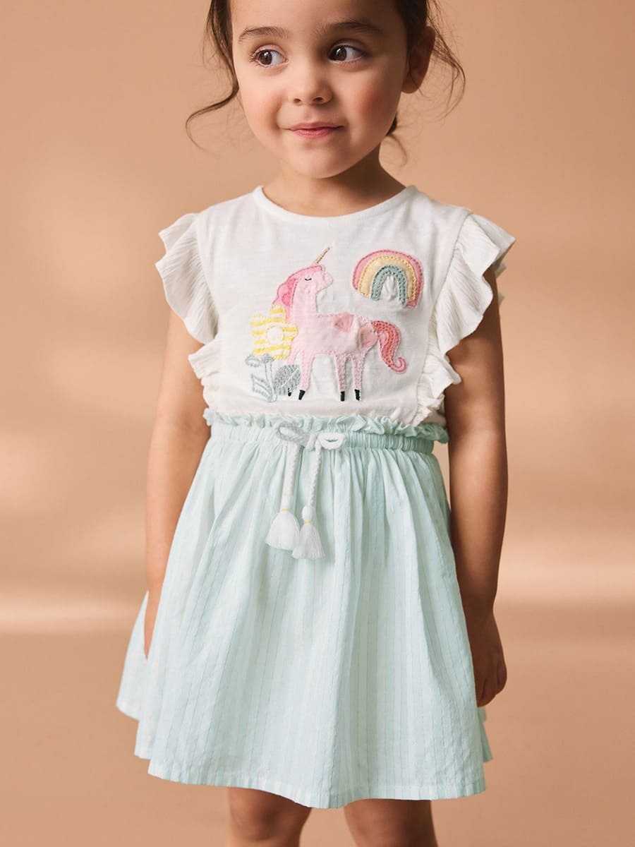 Girls Cotton Elastic Waist Short Sleeve Dress with Unicorn Embroidery