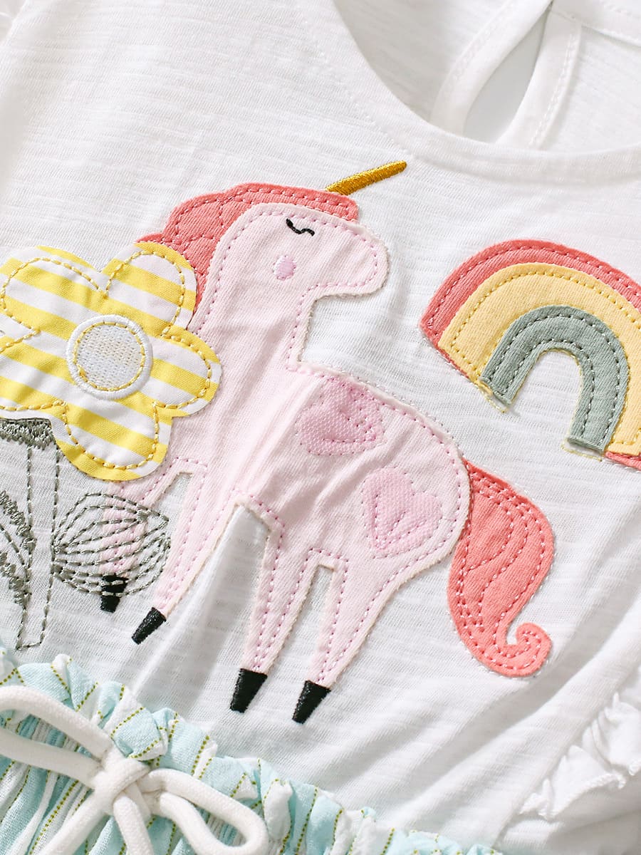 Girls Cotton Elastic Waist Short Sleeve Dress with Unicorn Embroidery