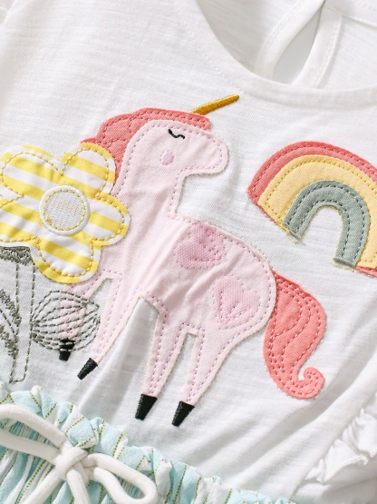 Girls Cotton Elastic Waist Short Sleeve Dress with Unicorn Embroidery