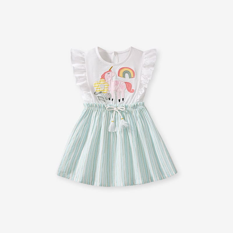 Girls Cotton Elastic Waist Short Sleeve Dress with Unicorn Embroidery