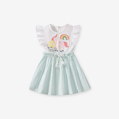 Girls Cotton Elastic Waist Short Sleeve Dress with Unicorn Embroidery