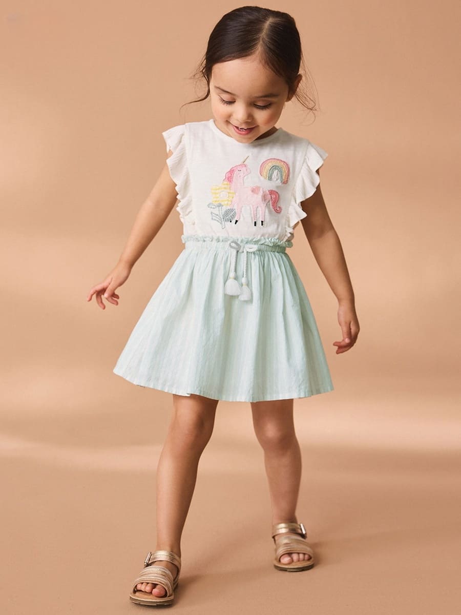 Girls Cotton Elastic Waist Short Sleeve Dress with Unicorn Embroidery