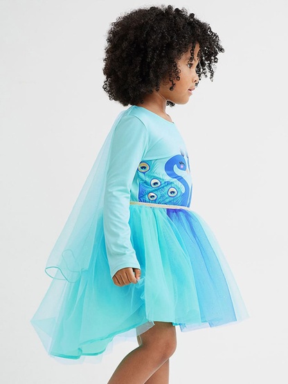 Kid Girls Cotton Mesh Long Sleeve Dress with Peacock Print