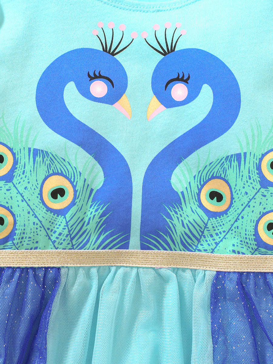 Kid Girls Cotton Mesh Long Sleeve Dress with Peacock Print