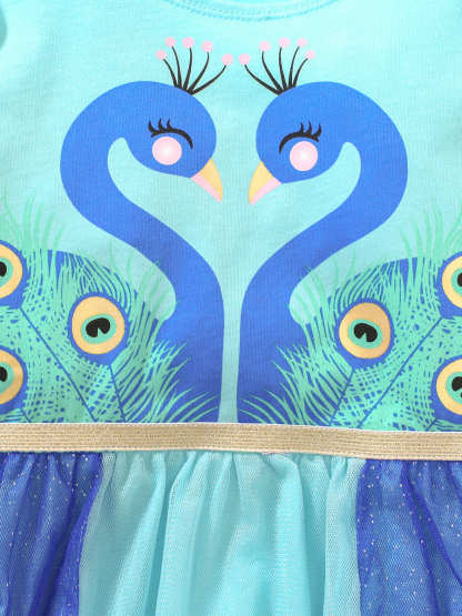 Kid Girls Cotton Mesh Long Sleeve Dress with Peacock Print
