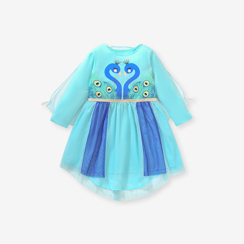 Kid Girls Cotton Mesh Long Sleeve Dress with Peacock Print