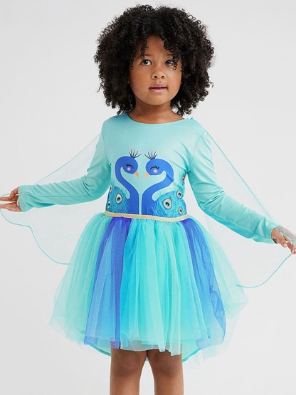 Kid Girls Cotton Mesh Long Sleeve Dress with Peacock Print