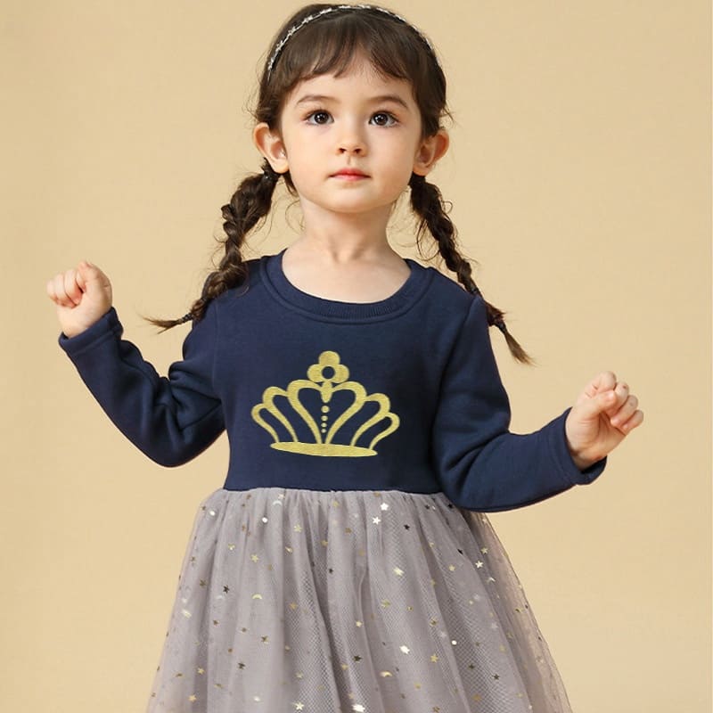 Kid Girls Cotton Sequined Mesh Dress with Crown Print