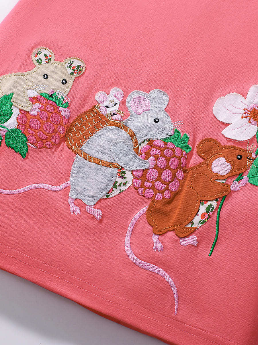 Girls Cotton Short Sleeve Striped Dress with Mouse Applique Embroidery