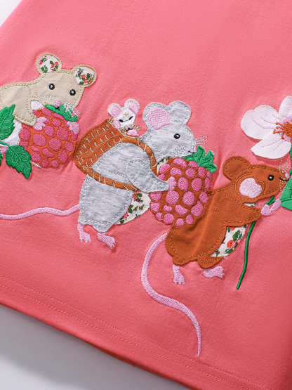 Girls Cotton Short Sleeve Striped Dress with Mouse Applique Embroidery