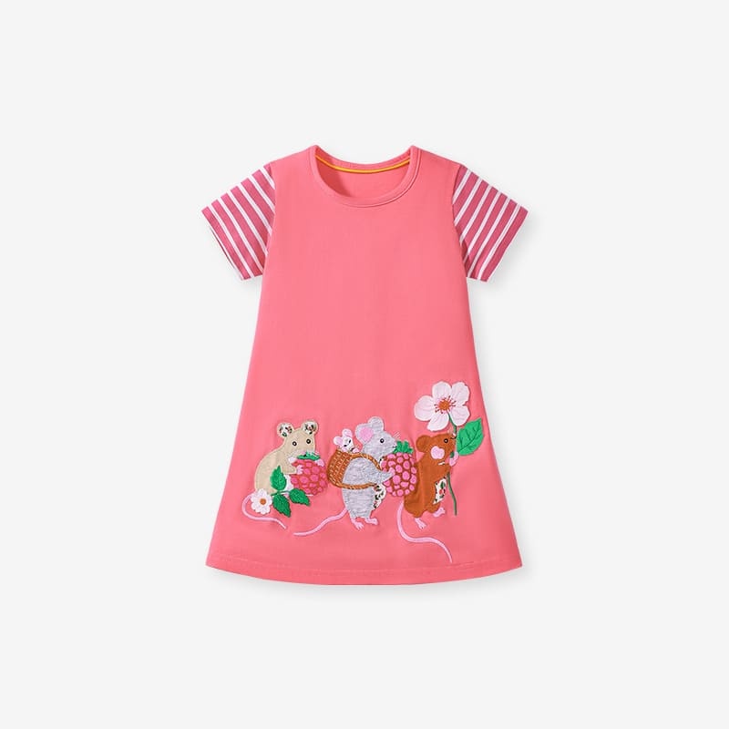 Girls Cotton Short Sleeve Striped Dress with Mouse Applique Embroidery