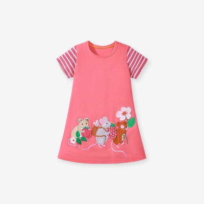 Girls Cotton Short Sleeve Striped Dress with Mouse Applique Embroidery