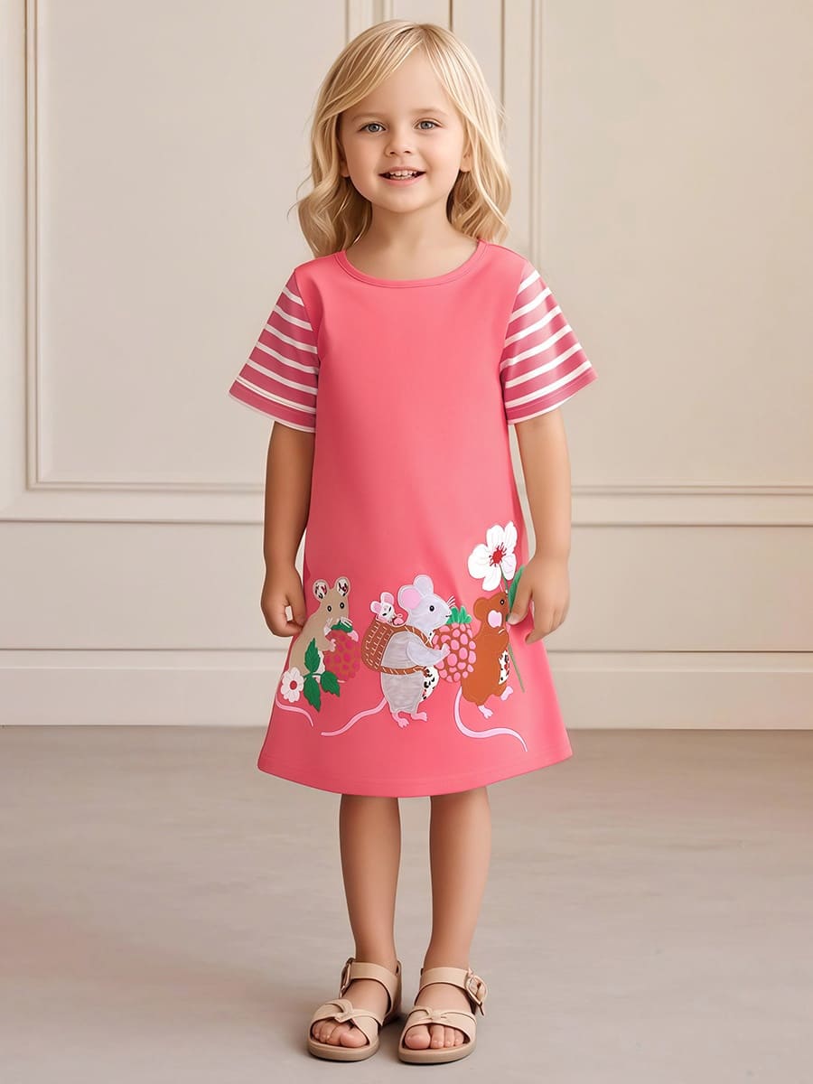 Girls Cotton Short Sleeve Striped Dress with Mouse Applique Embroidery