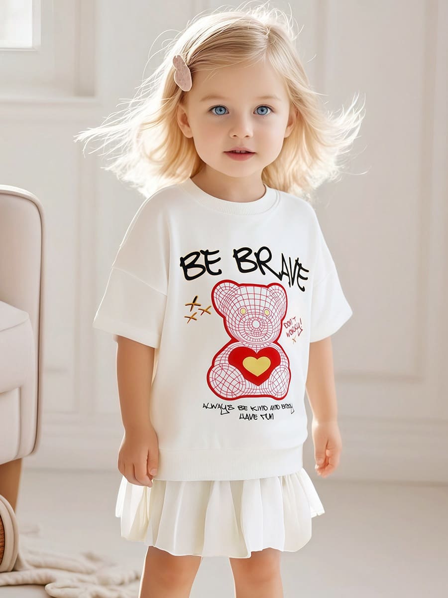 Little Maven Kid Girls Cotton Short Sleeve Sweater Dress with Bear & Letter Print