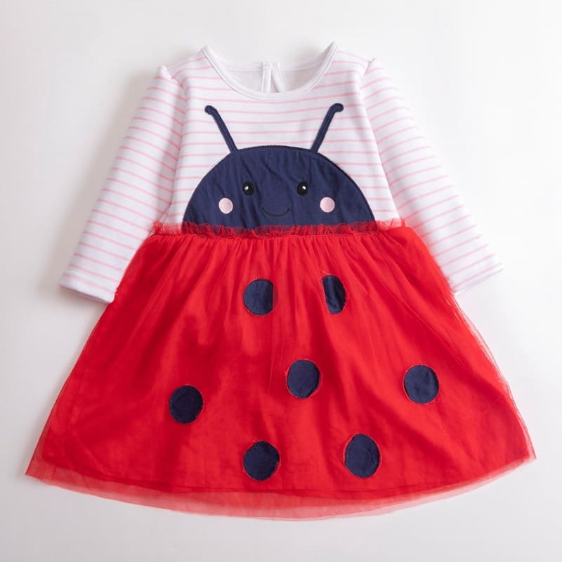 Kid Girls Cotton Striped Mesh Dress with Polka Dots & Insect Print 