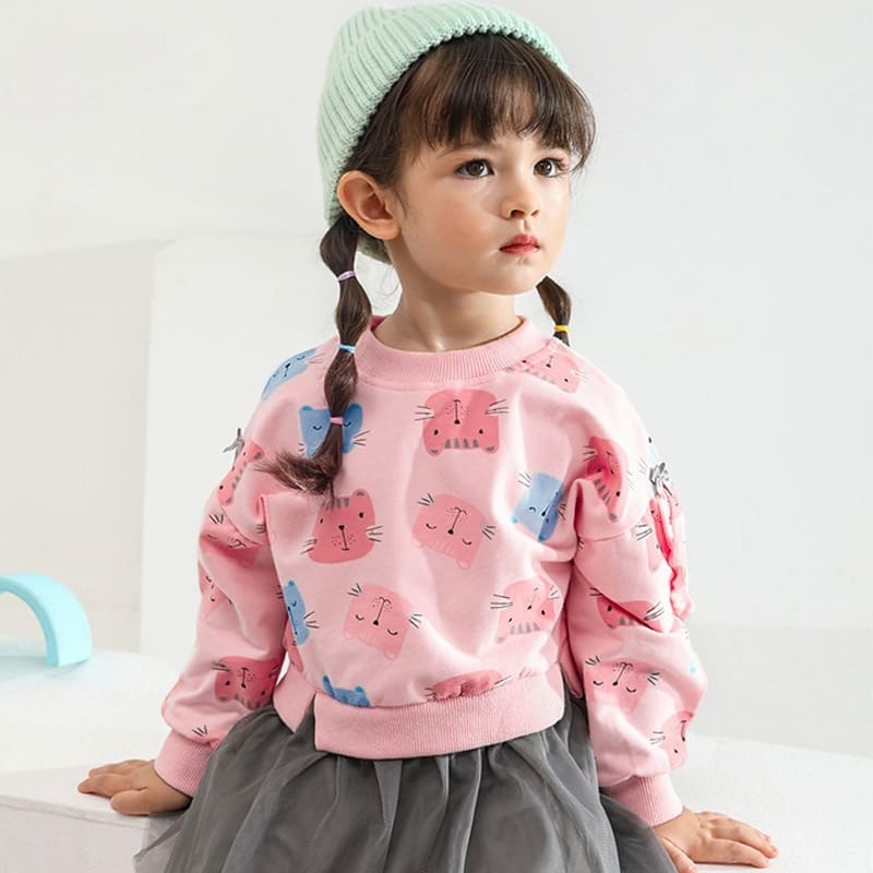Kid Girls Cute Cat Print Cotton Plush Mesh Dress