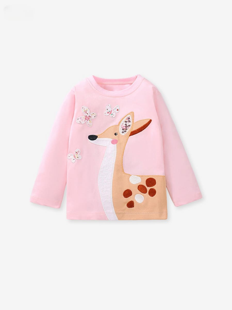 Girls Cute Deer & Butterfly Embroidered Cotton Long Sleeve T-Shirt
