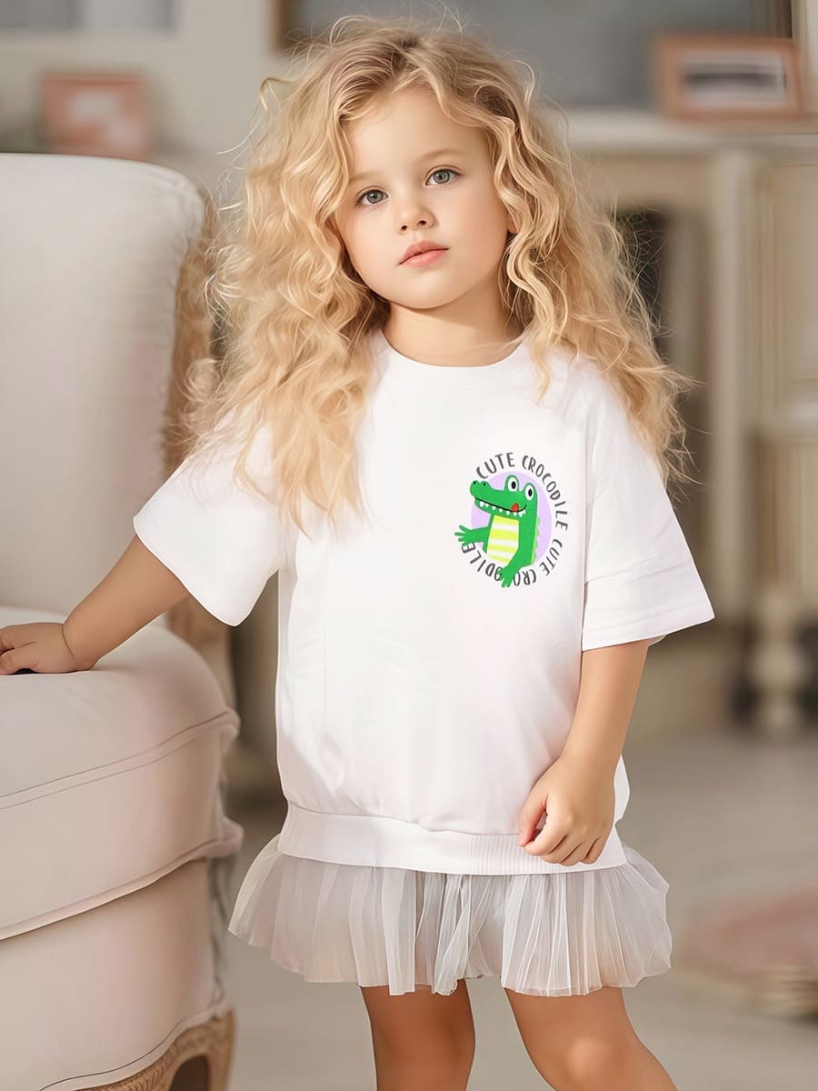 Little Maven Girls Cute Cartoon Crocodile Style Cotton Short-sleeved Sweater Dress