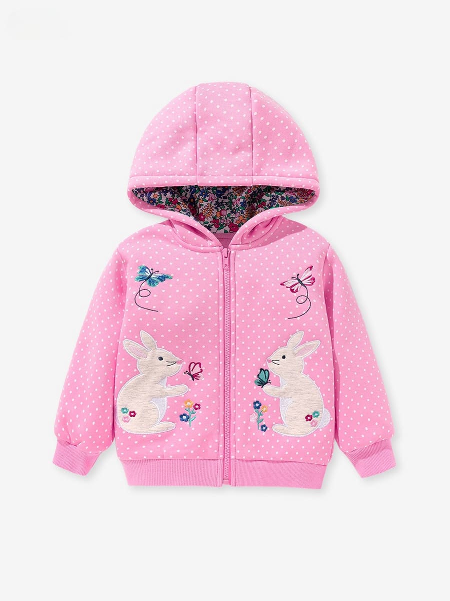 Girls Fleece Hooded Jacket with Cute White Rabbit Applique Embroidery