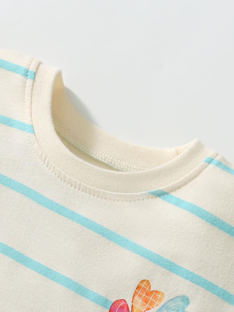 Kid Girls Heart Print Cotton Striped Mesh Dress