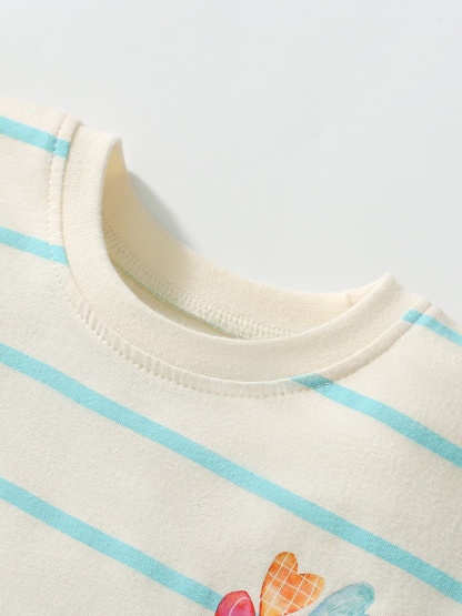 Kid Girls Heart Print Cotton Striped Mesh Dress