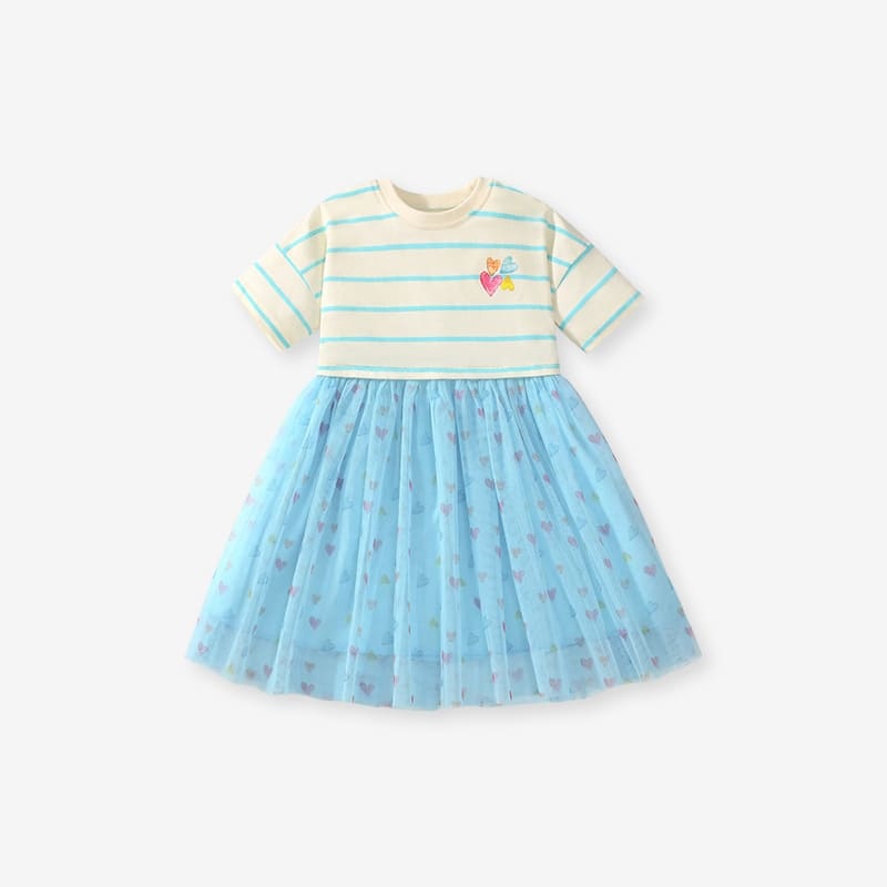 Kid Girls Heart Print Cotton Striped Mesh Dress