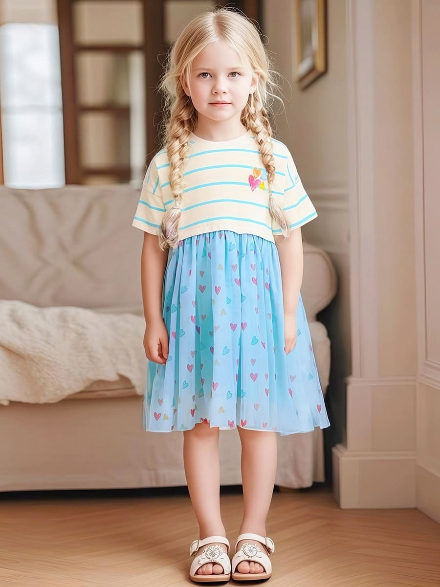 Kid Girls Heart Print Cotton Striped Mesh Dress