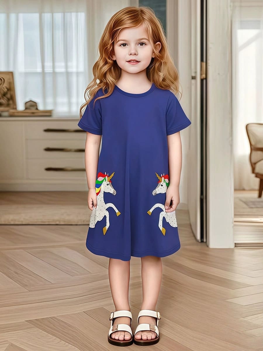 Kid Girls Unicorn Embroidered Cotton Short Sleeve Dress