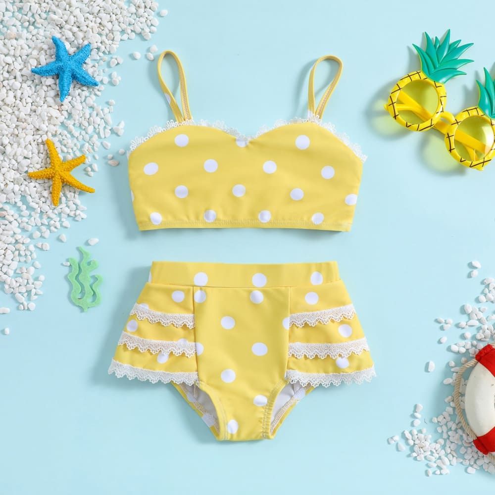 Kid Girls bikini polka dot 2-piece suspender swimsuit set