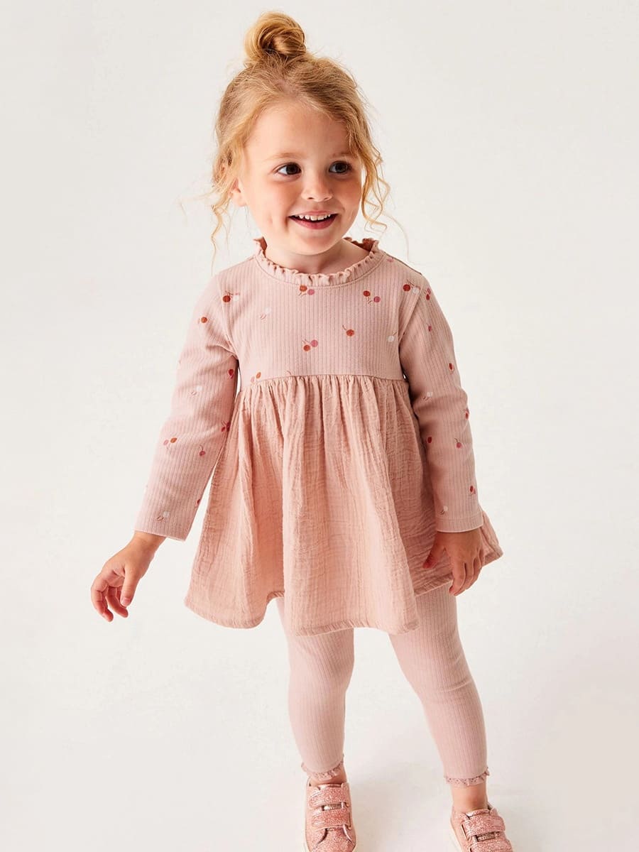 Little Maven Kid Girls 2pcs Cotton Long Sleeve Tunic Set with Cherry Print