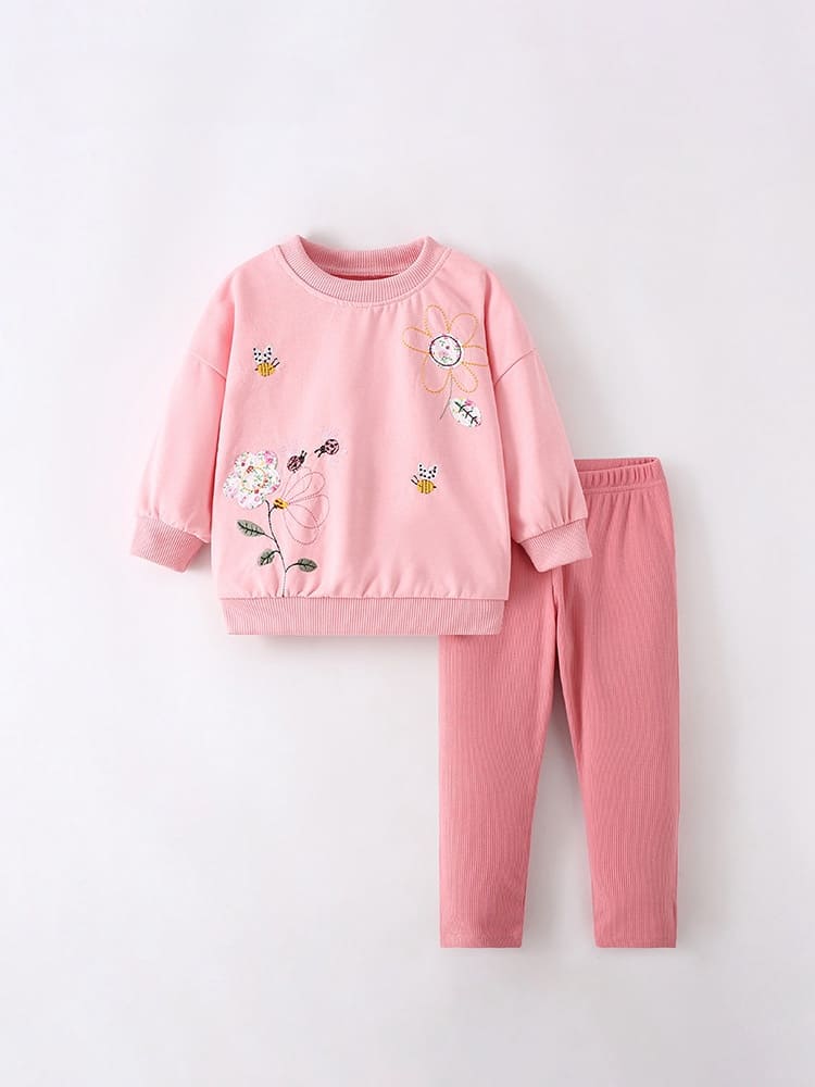 Girls 2pcs Floral Embroidered Sweatshirt & Elastic Waist Pants Set