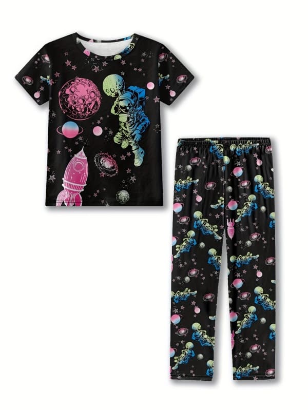 Little Maven Starry Sky Rocket Astronaut Print Pajama Set for Girls