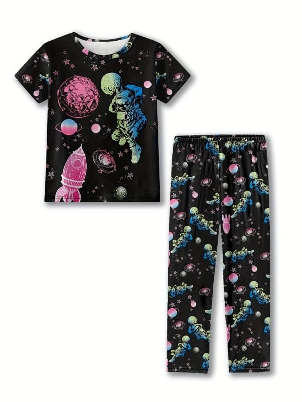 Little Maven Starry Sky Rocket Astronaut Print Pajama Set for Girls